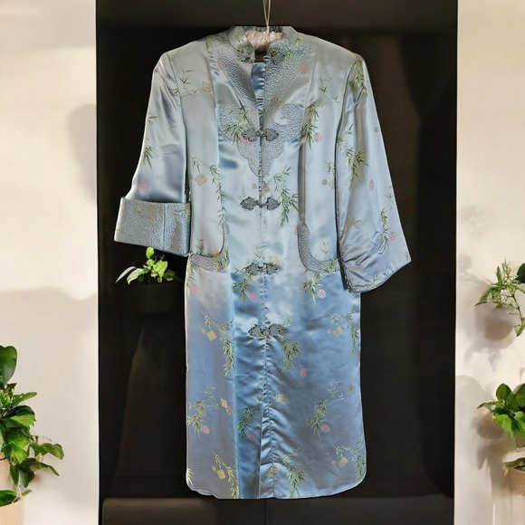 Mulchands Silk Womens Vintage Asian Kimono Light Blue Duster Robe Midi Dress - Picture 4 of 16